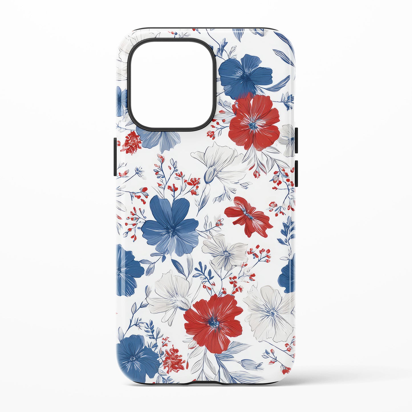 Phone case with red, blue, and white floral pattern on a white background