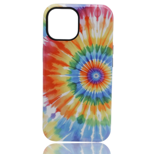 Phone case featuring a vibrant multicolor tie‑dye spiral pattern