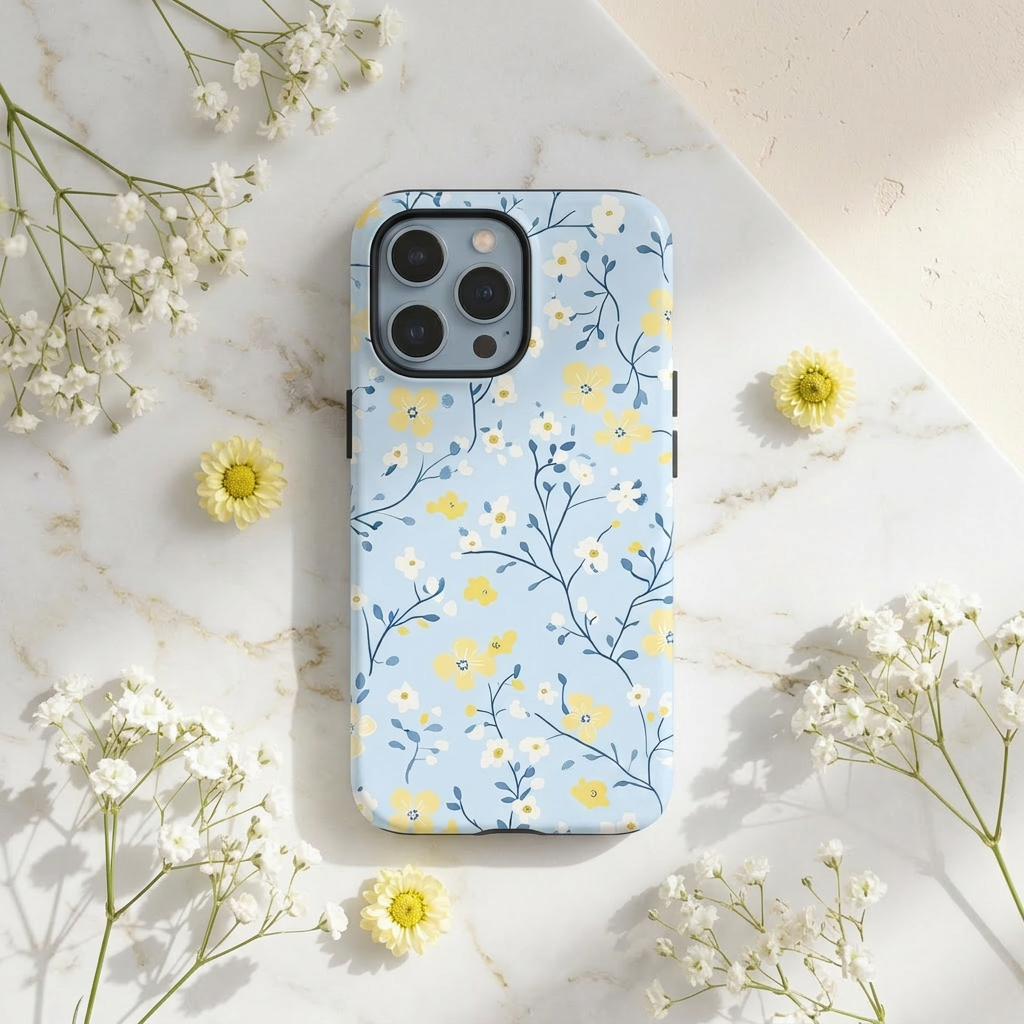 Phone case with floral design on a marble surface with flowers