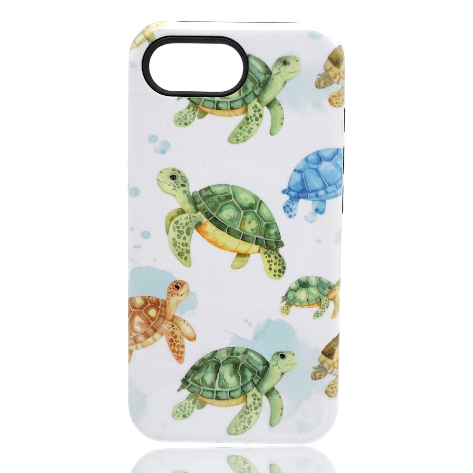 Phone case featuring illustrated sea turtles in green, brown, and blue on a white background with light blue bubble accents