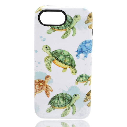 Phone case featuring illustrated sea turtles in green, brown, and blue on a white background with light blue bubble accents