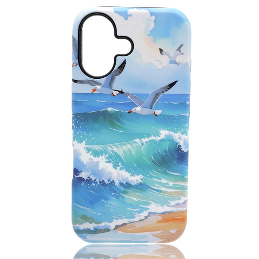 Phone case featuring waves crashing onto a sandy shore with seagulls flying above