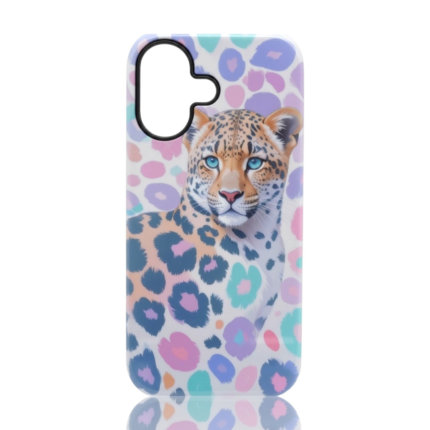Phone case featuring a colorful spring‑themed leopard illustration with bright expressive accents
