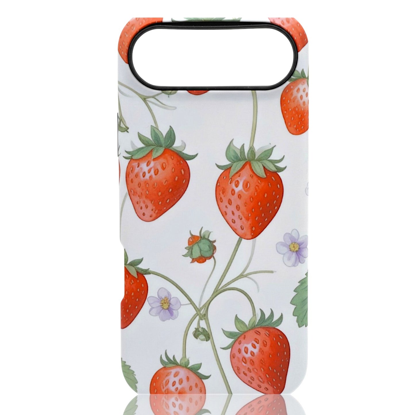 Phone case featuring red strawberries, green leaves, and small purple flowers on a white background