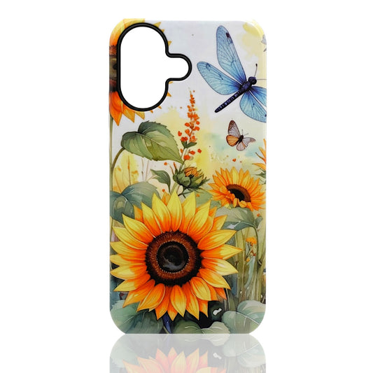 Phone case featuring large sunflowers with a dragonfly and butterfly in a warm, colorful garden scene
