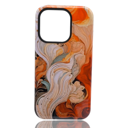 Phone case featuring an abstract marble swirl pattern in orange, cream, beige, and light blue