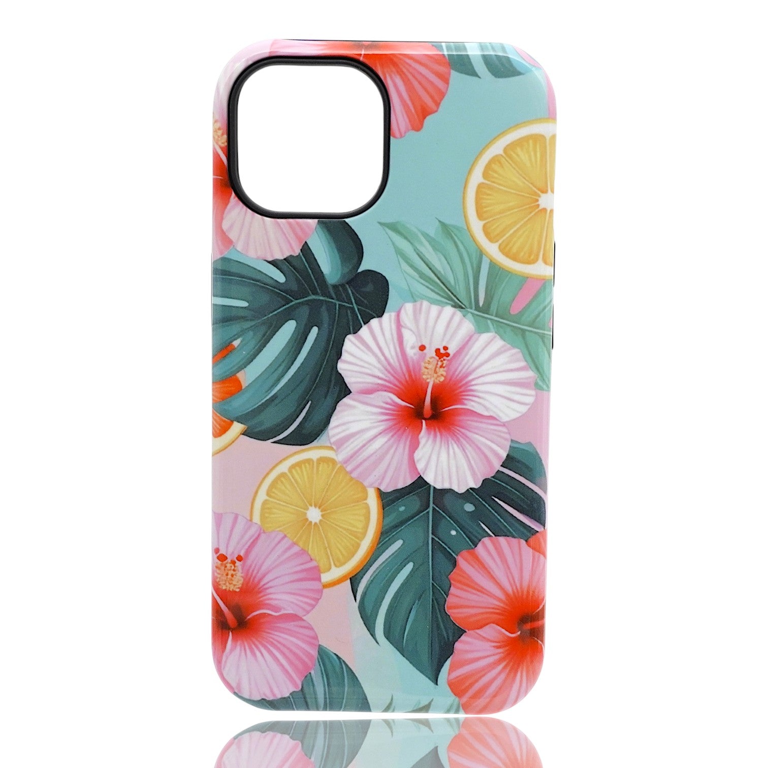 Phone case featuring hibiscus flowers, monstera leaves, and lemon slices on a pastel tropical background