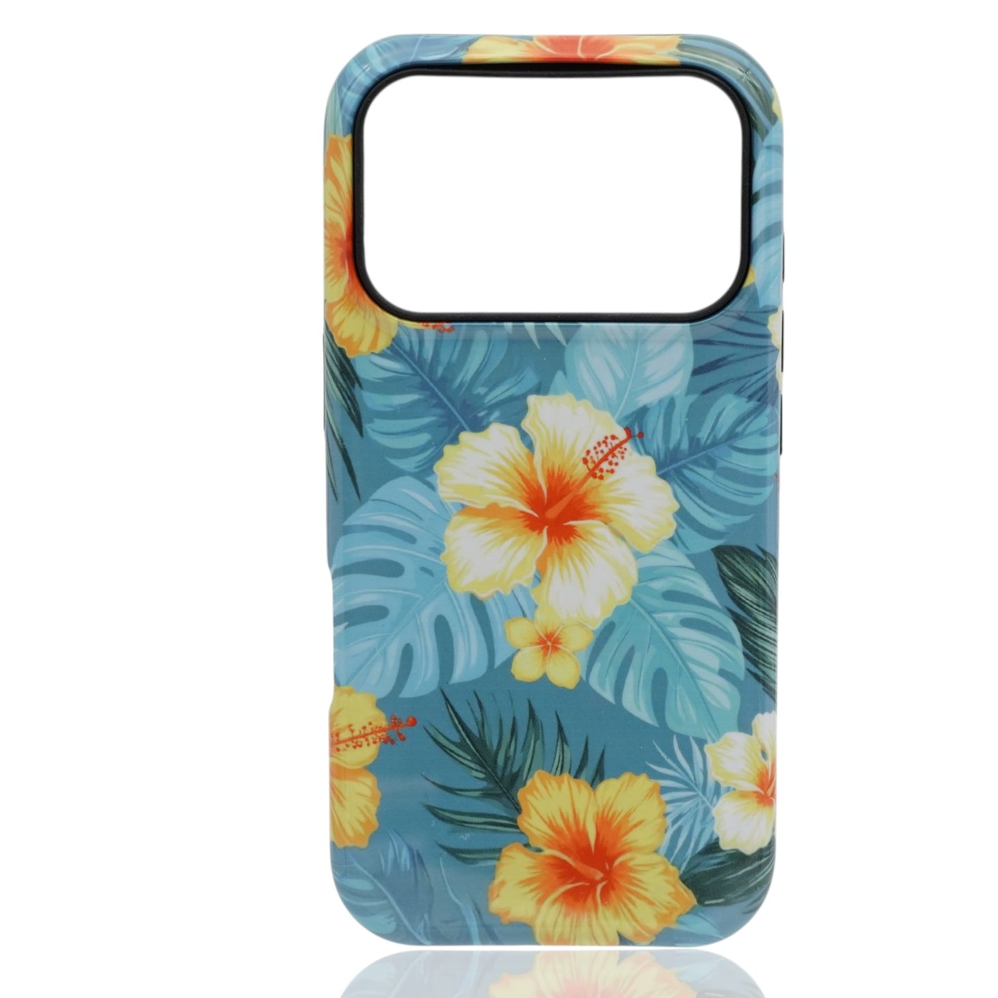 Phone case featuring yellow and orange hibiscus flowers with blue and green tropical leaves on a light blue background