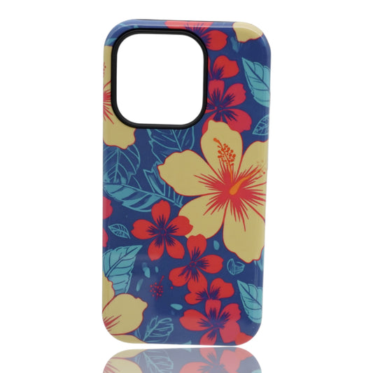 Phone case featuring bold yellow and red flowers with blue leaves on a dark blue background