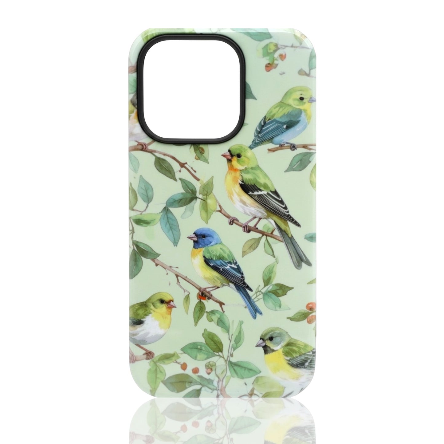 Phone case with colorful birds perched on leafy branches over a soft green background