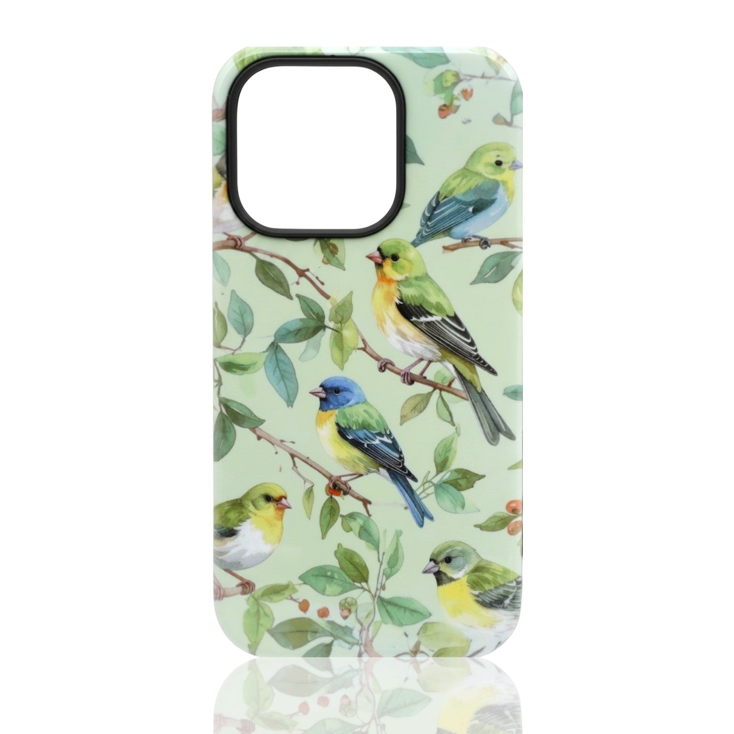 Phone case with colorful birds perched on leafy branches over a soft green background