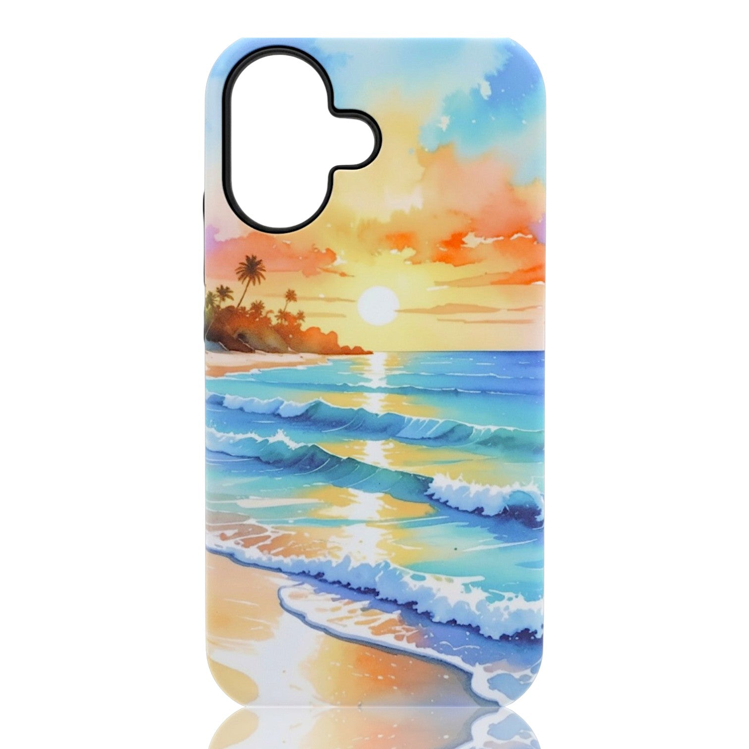 Phone case featuring a vibrant tropical sunset with waves, palm trees, and warm blended sky colors