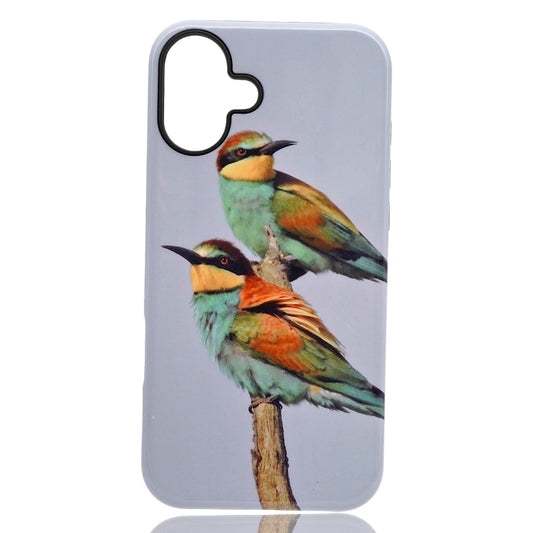 Phone case featuring two colorful birds perched on a branch against a light gray background