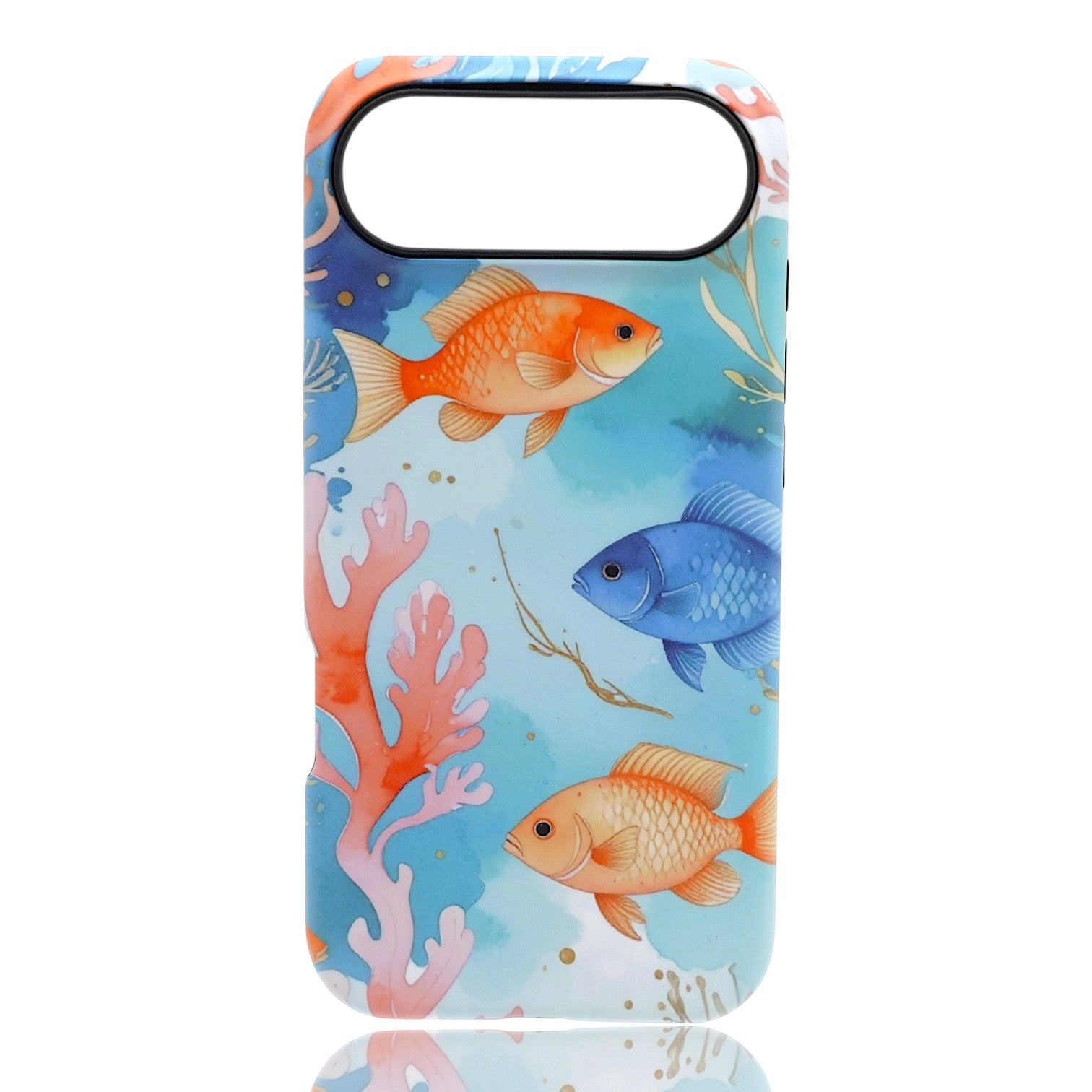 Phone case featuring colorful fish swimming among coral and seaweed on a light blue background