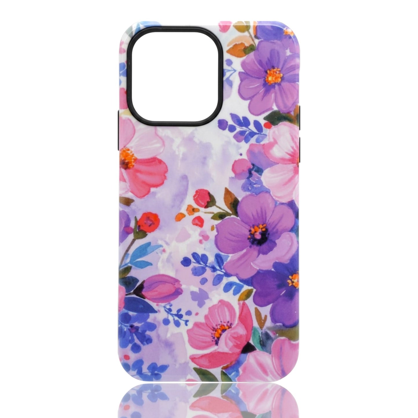Phone case featuring a colorful watercolor floral pattern with purple, pink, and red flowers and green leaves