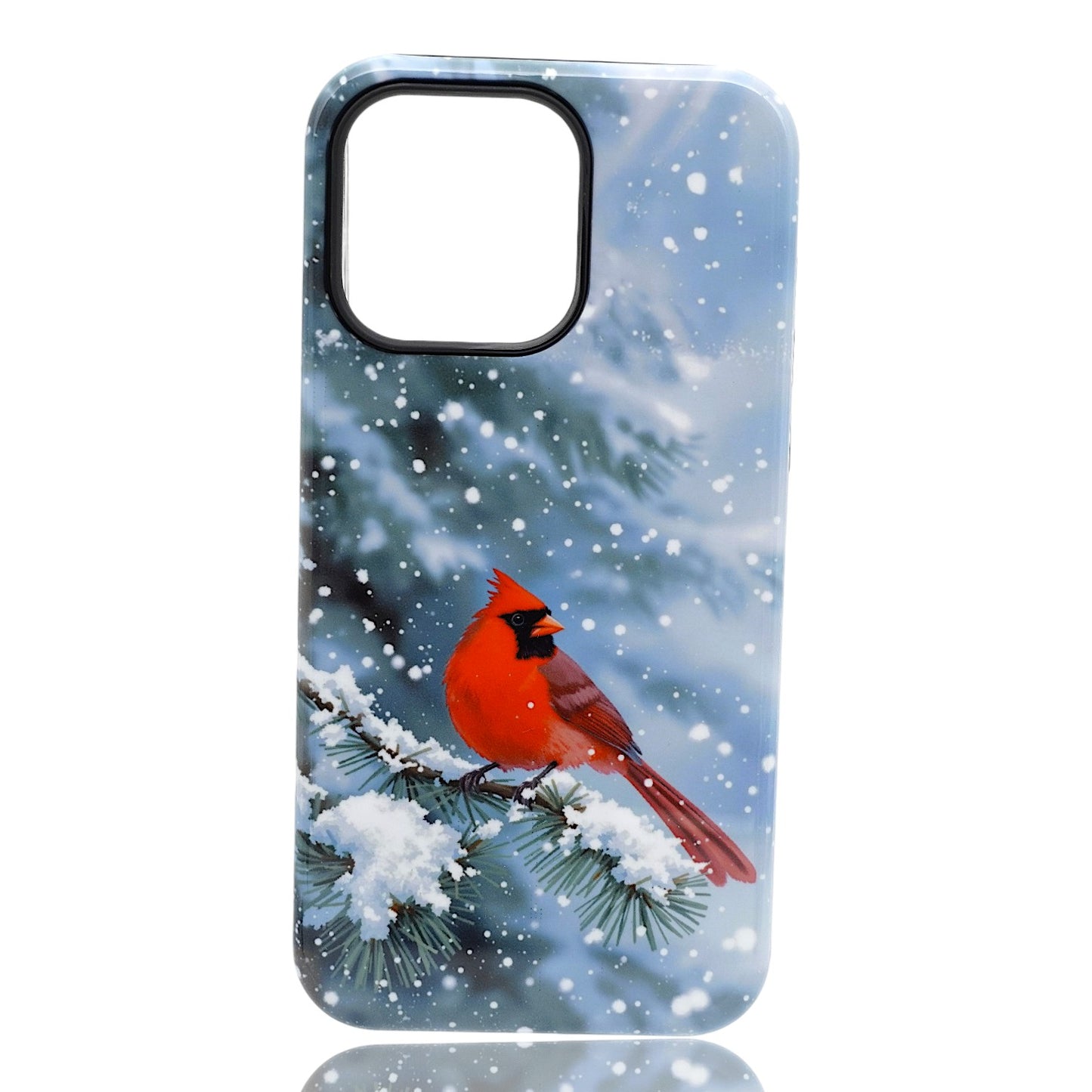 Phone case featuring a red cardinal perched on a snowy branch with a soft watercolor background