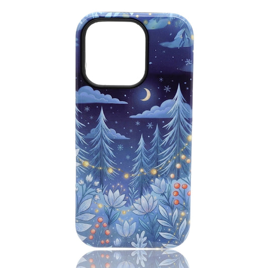 Phone case featuring a nighttime winter forest scene with pine trees, snowflakes, a crescent moon, mountains, and glowing decorative accents