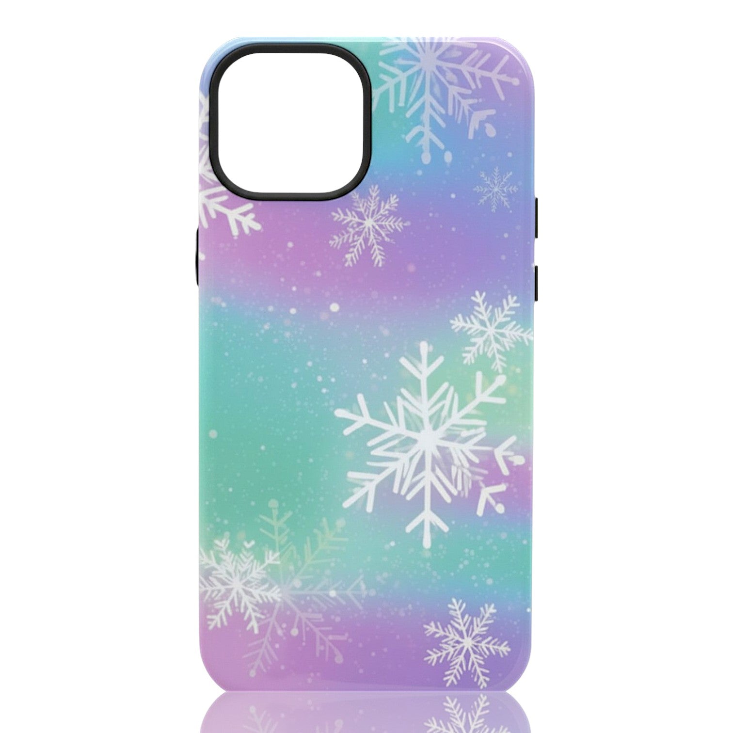 Phone case featuring a purple‑to‑green‑to‑blue gradient with white snowflakes