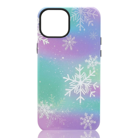 Phone case featuring a purple‑to‑green‑to‑blue gradient with white snowflakes