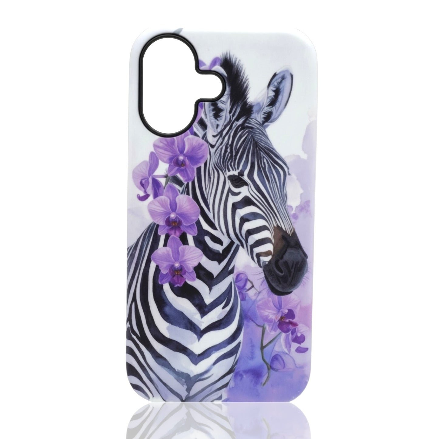 Phone case with a zebra illustration surrounded by purple floral elements on a white background